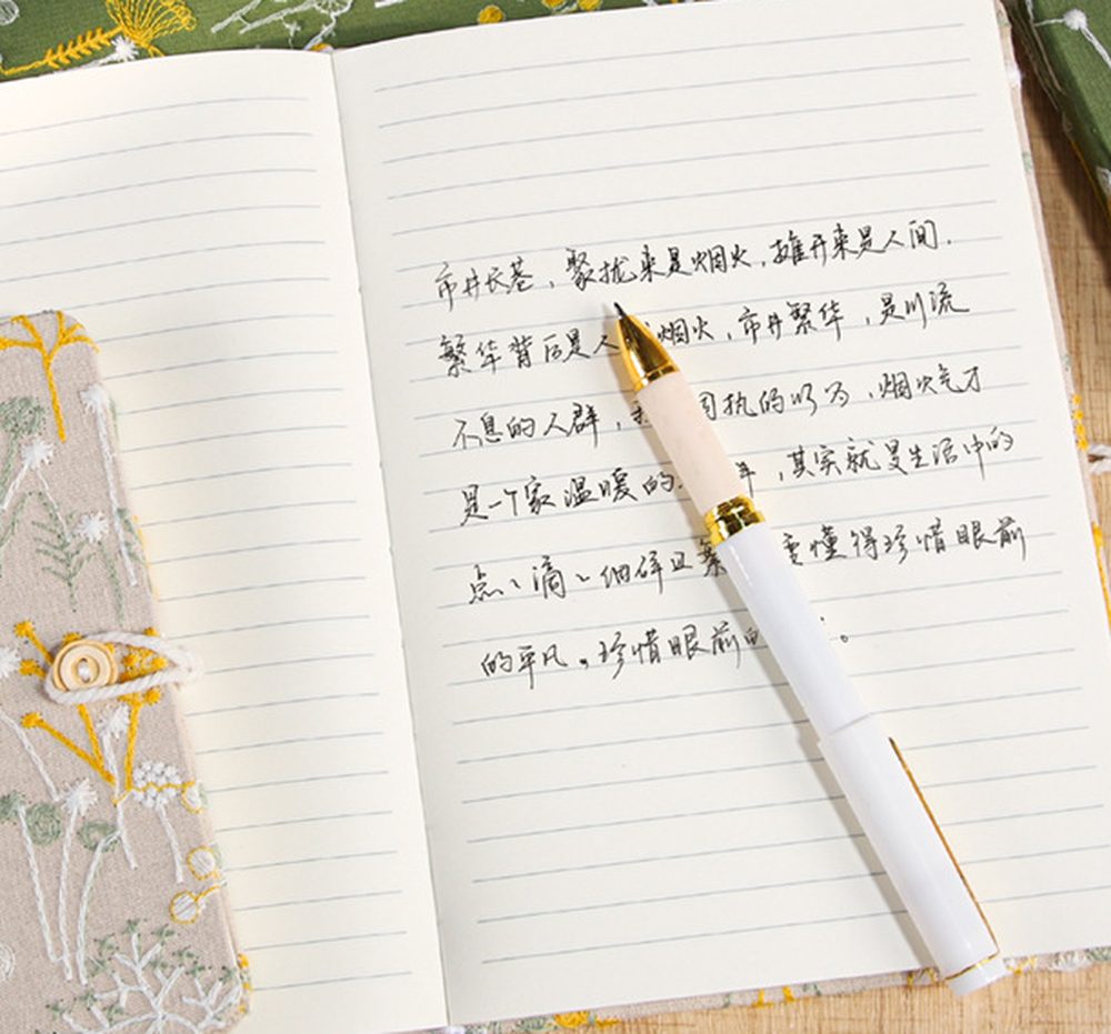 An open notebook on 98 gsm ruled paper with an erasable pen